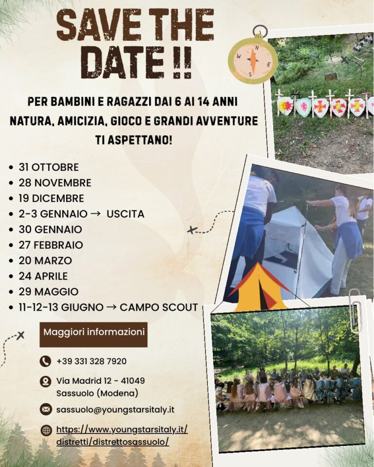 Save the date: calendario degli incontri scout 2026-2027 del Distretto YoungStars Italy Sassuolo per bambini e ragazzi dai 6 ai 14 anni