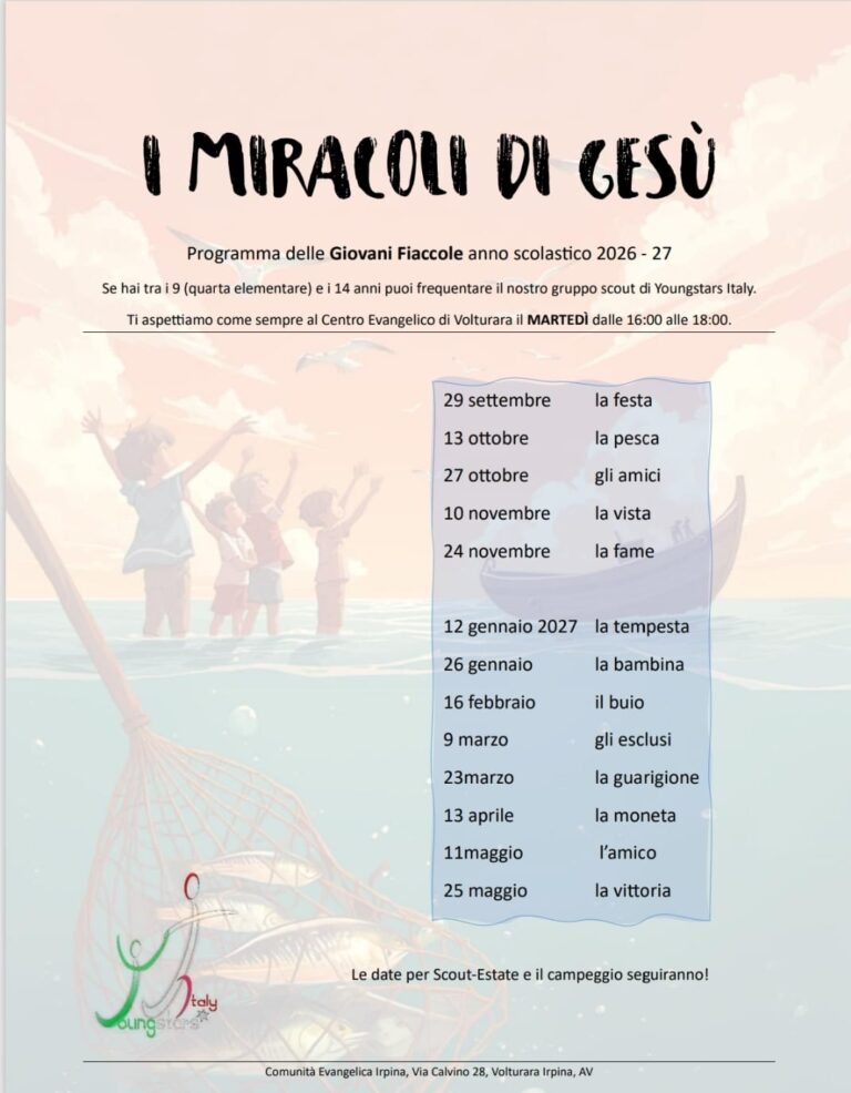 Locandina Giovani Fiaccole 2026-2027 “I miracoli di Gesù” – calendario incontri del martedì a Volturara Irpina