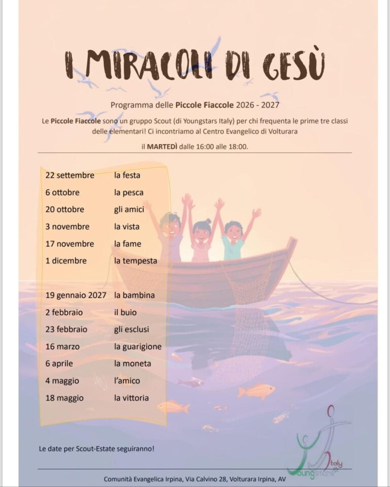 Locandina Piccole Fiaccole 2026-2027 “I miracoli di Gesù” – calendario incontri del martedì a Volturara Irpina