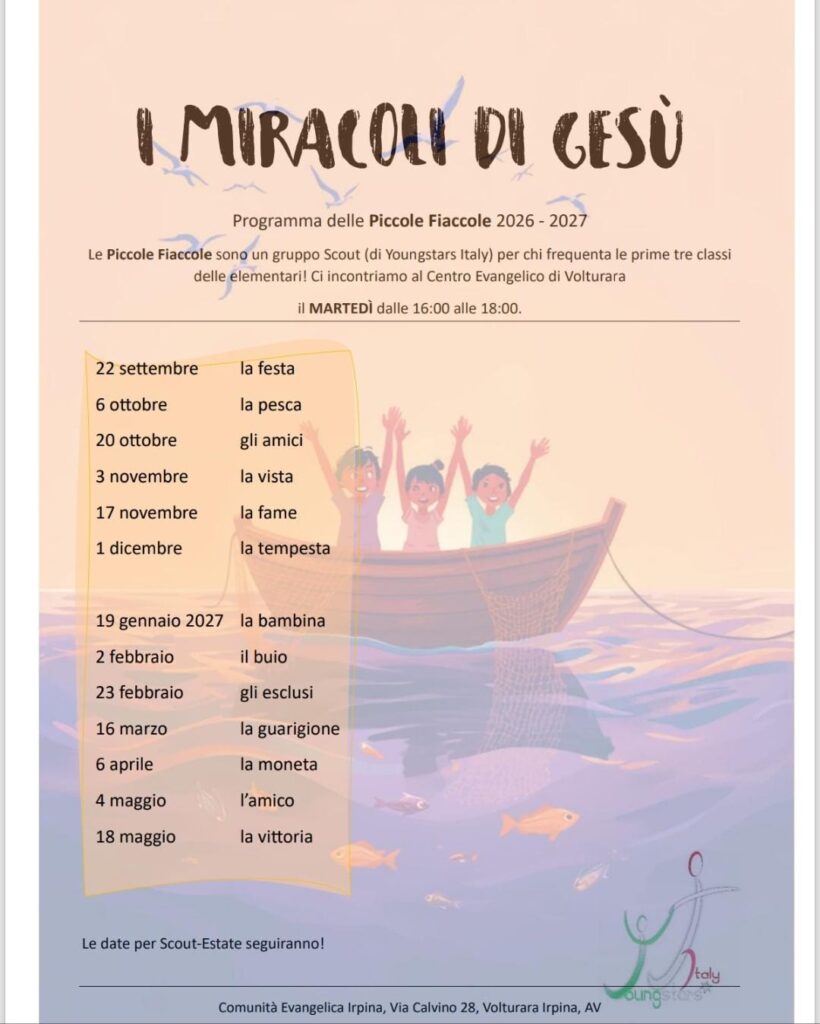 Locandina Piccole Fiaccole 2026-2027 “I miracoli di Gesù” – calendario incontri del martedì a Volturara Irpina